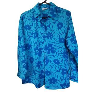 Jaclyn Smith Button Up Shirt Woman 20 Blue Floral Linen Blend Tunic Relaxed Boho